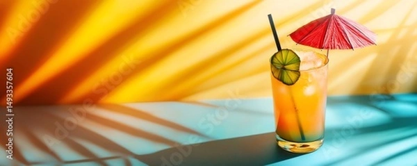 Fototapeta Vibrant tropical cocktail featuring a lime slice and decorative umbrella, casting colorful shadows. Perfect for summer and beach-themed designs