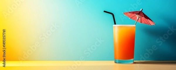 Fototapeta Glass of orange juice with a cocktail umbrella and straw on a yellow surface against a blue and yellow background, creating a vibrant summery scene