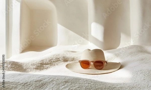 Fototapeta Straw sunhat and sunglasses lie on a textured, sandy surface, bathed in sunlight streaming through a window in a minimally decorated room