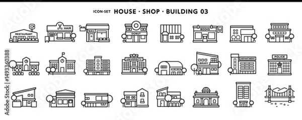 Obraz 家、飲食店、学校、百貨店などシンプルデザインのアイコン素材セット