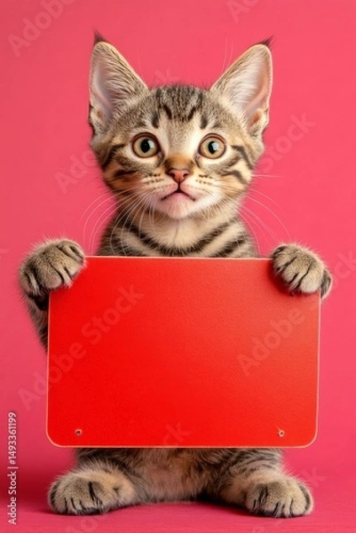 Fototapeta Isolated feline infant cub on a solid suit pink background. Ð¡ute cat toyger hold in front paws a template - large red alley sign. Cat holding sign. Blank board furry pose. Cat sign background.