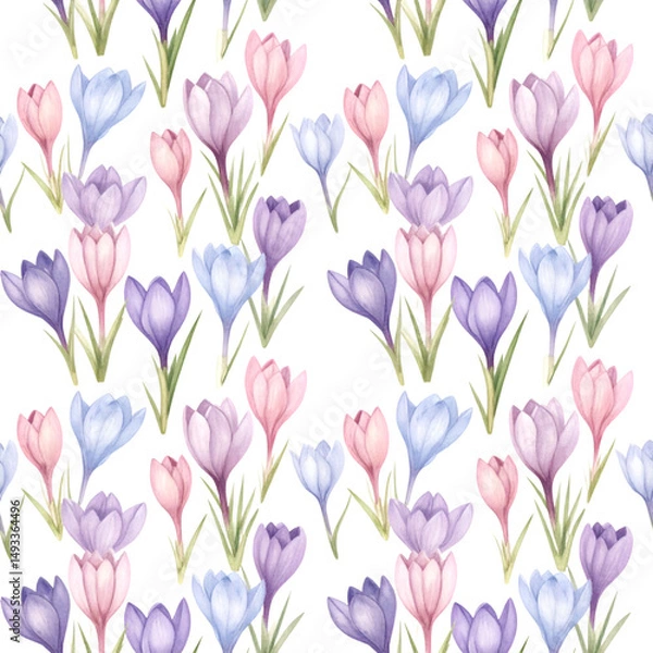 Fototapeta Spring Blooms in Harmony: A close-up of watercolor painted, soft pastel-colored Crocus flowers create a seamless pattern, capturing the essence of spring.
