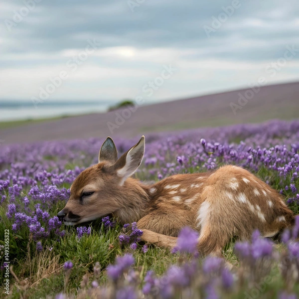 Obraz a fawn laying in purple flowers field