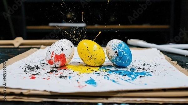 Fototapeta Colorful Splashes From Eggs on a Blank Canvas Surface
