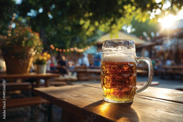 Fototapeta Beer mugs on the wooden with blurred people enjoying beer garden outdoors in the background