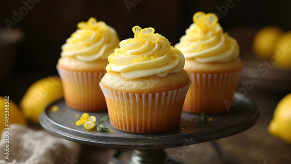Fototapeta Artisan Lemon Cupcakes with Whipped Citrus Frosting on Rustic Cake Stand — Gourmet Dessert Photography for Patisserie Marketing, Ideal for Baking Blogs and Gastronomy Campaigns