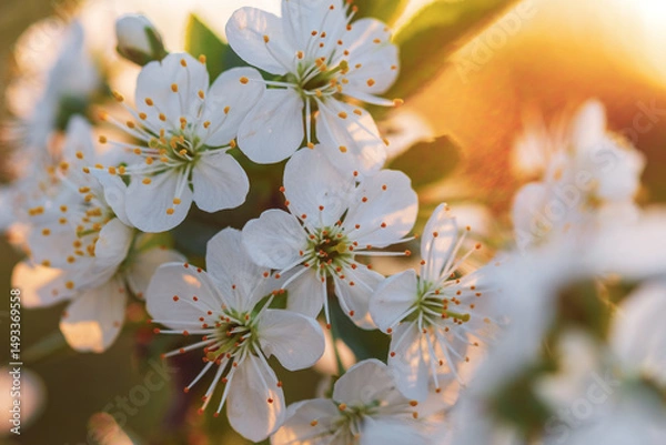 Obraz Beautiful white cherry blossoms, cherry tree branches full of flowers in spring in beautiful sunlight