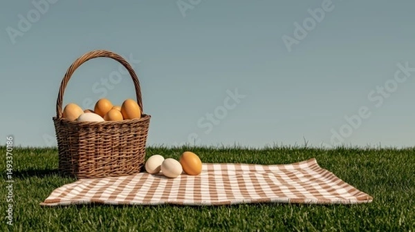 Fototapeta Fresh Eggs in a Basket on a Blanket in a Green Field