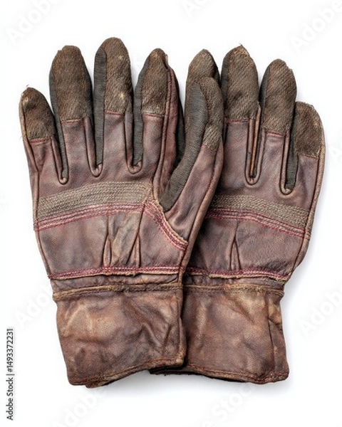Fototapeta A pair of well-worn brown leather work gloves, showing signs of age and use.