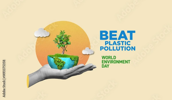Fototapeta #BeatPlasticPollution, World Environment day concept 2025 3d tree background. 