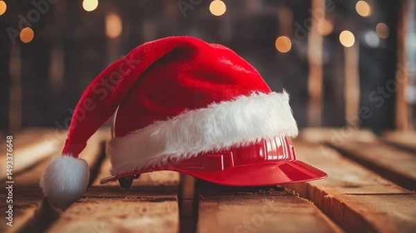 Fototapeta santa hat and helmet on wooden background.