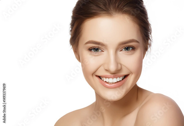 Fototapeta Bright, captivating close-up of a young woman with a genuinely joyful and radiant smile, white background