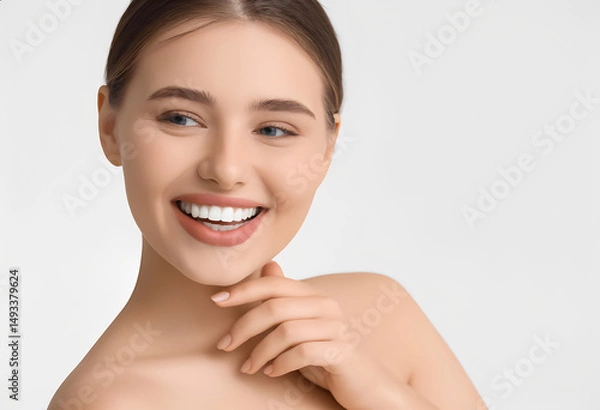 Fototapeta Bright, captivating close-up of a young woman with a genuinely joyful and radiant smile, white background