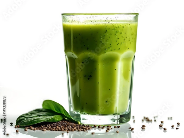 Obraz a thick green smoothie with spinach, mango, and chia seeds isolated on white background
