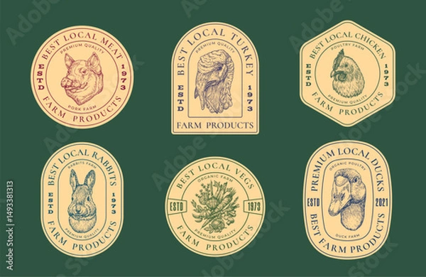 Fototapeta Pork Meat Poultry Farm Retro Framed Badges Logo Templates Collection. Hand Drawn Domestic Animals and Birds Sketches Vegetables Chicken Pig with Retro Typography. Vintage Sketch Emblems Set. Isolated
