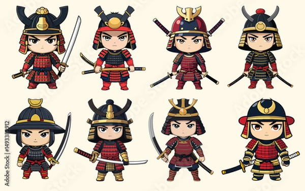 Obraz chibi characters bundle ancient samurai and japanese warrior figures set