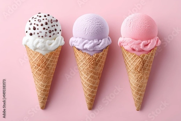 Fototapeta A minimalist flatlay of three ice cream cones on pastel pink background