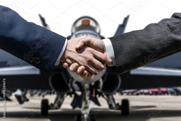 Fototapeta Two men in suits shake hands in front of a military aircraft, symbolizing an arms deal. The arms deal suggests negotiation and agreement involving military equipment.