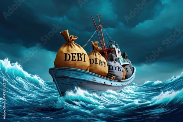 Fototapeta Boat in stormy ocean loaded with massive debt bags, debt overwhelms vessel in financial crisis metaphor, debt portrayed as heavy burden, debt message conveyed in bold visual metaphor.