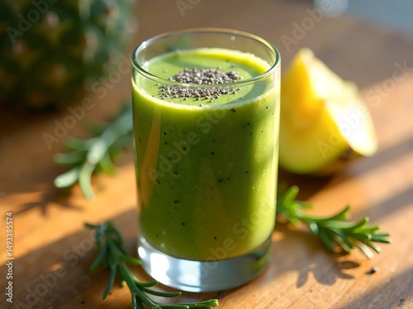 Obraz a thick green smoothie with spinach, mango, and chia seeds