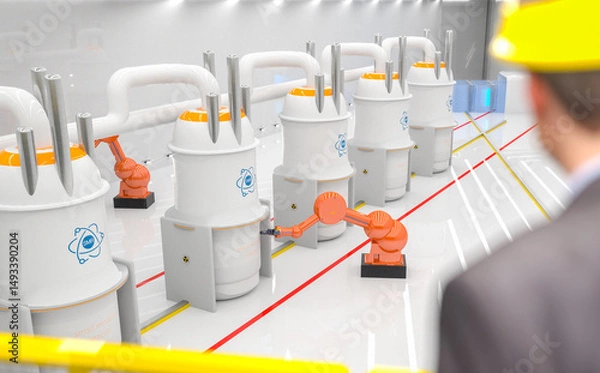 Fototapeta concept of a SMR small modular nuclear reactor power plant on a sunny day. SMR is a future energy concept. 3d rendering.