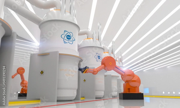 Fototapeta concept of a SMR small modular nuclear reactor power plant on a sunny day. SMR is a future energy concept. 3d rendering.