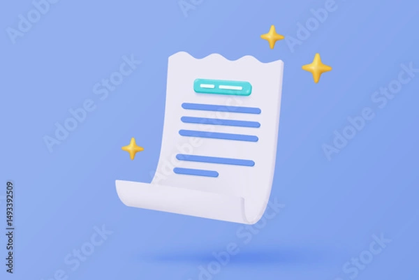 Fototapeta 3D bill icon for payment transaction with notice. paper receipt for shopping offer in store. Business invoice bill expenses idea concept. 3d invoice list icon vector render illustration
