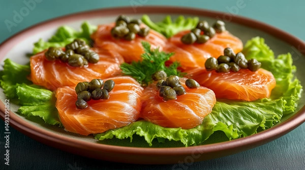 Obraz A dish of raw wild salmon with arugula, lettuce and capers.