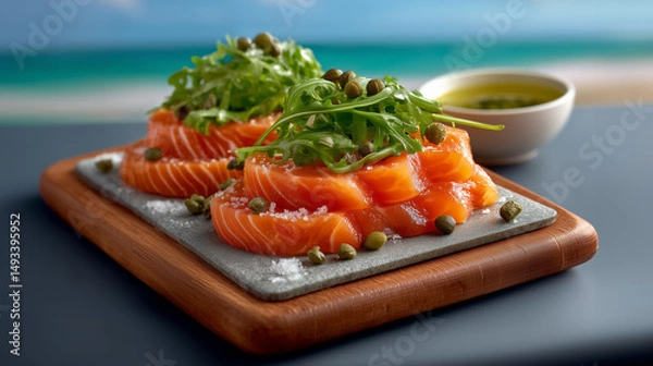 Obraz A dish of raw wild salmon with arugula and capers.