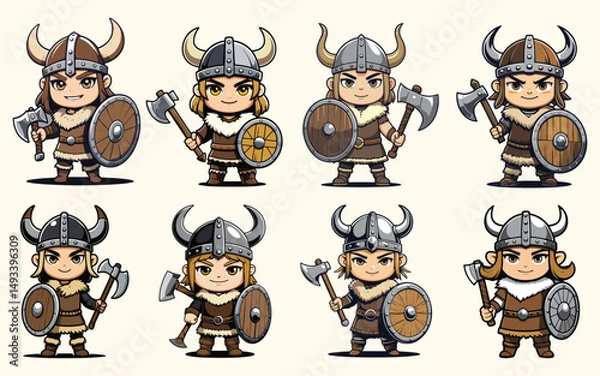 Obraz chibi characters bundle fierce viking warrior character set