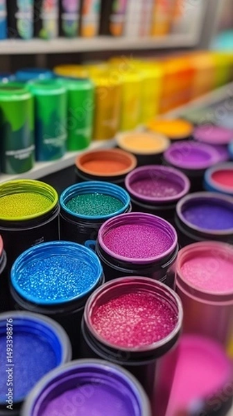 Fototapeta Vibrant jars of glitter paints sit in a colorful arrangement, showcasing an array of bold hues and textures that inspire creativity and artistic expression in any project.