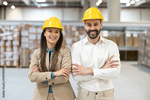 Fototapeta Man and woman with yellow safety helmets posing in warehouse with arms crossed.