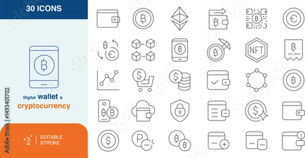 Fototapeta Digital Wallet & Cryptocurrency Icon Set – Thin Line Style, Cryptocurrency and NFT Icon Collection – Outline Stroke Style, Outline Stroke Style, wallet icon