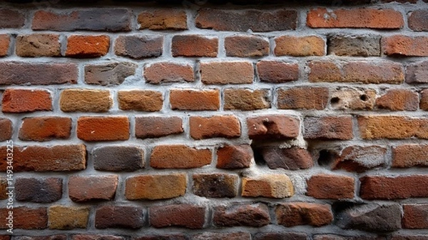 Fototapeta Weathered brick wall with varied tones and missing bricks, showing age and texture