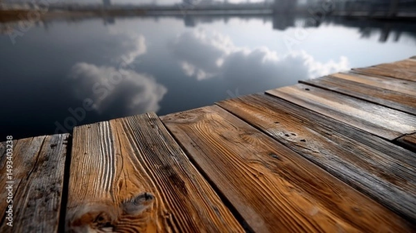 Fototapeta Weathered wooden dock extending over calm water, reflecting cloudy sky