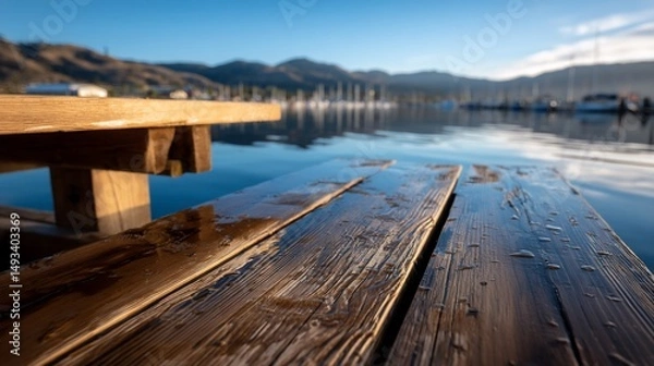 Fototapeta Wet wooden dock planks with a table, reflecting calm water and distant mountains under a clear sky
