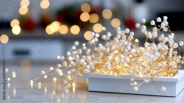 Fototapeta White berry sprigs with lights in a white tray, bokeh background