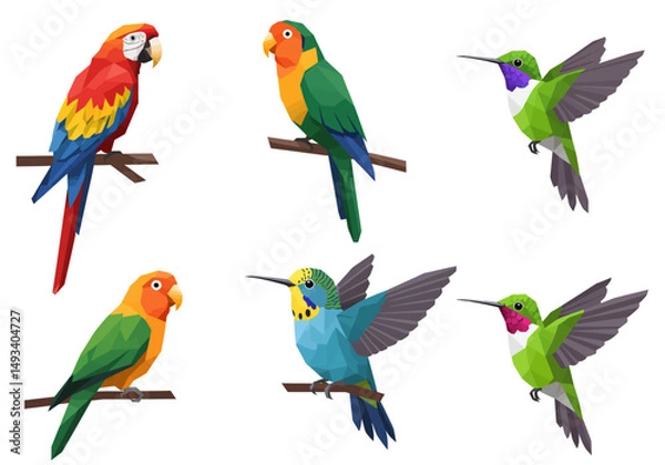 Fototapeta Colorful Geometric Birds in Flight and Perched on Branches