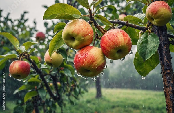 Fototapeta Fresh Apples Covered with Raindrops Hanging from Tree in Orchard
