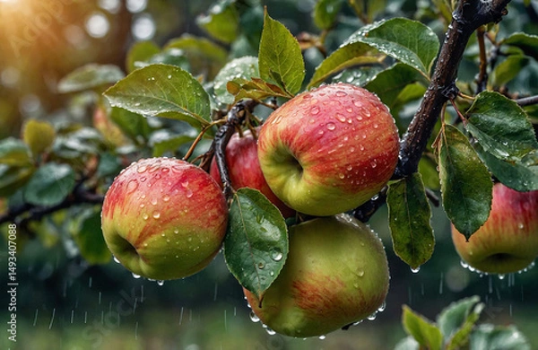 Fototapeta Fresh Apples Covered with Raindrops on Tree Branch in Orchard