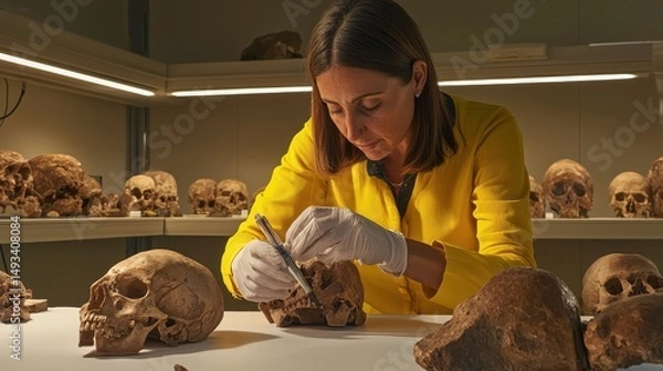 Fototapeta Researcher Examines Ancient Skulls in Laboratory Setting with Focus on Archaeological Discoveries and Preservation
