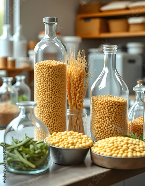 Fototapeta nutritious cereal crops and pulses analyzed in the research facility, retro style. with white shades