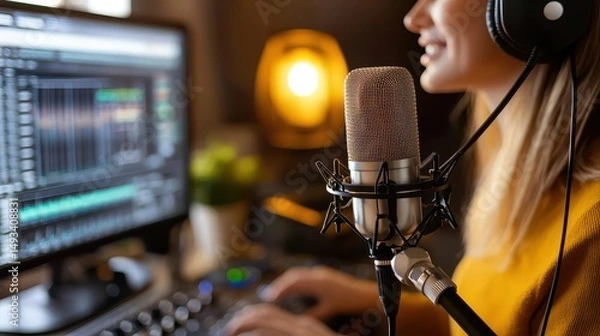 Fototapeta Focused Content Creator Recording Podcast with Microphone and Computer in Cozy Home Studio Setting