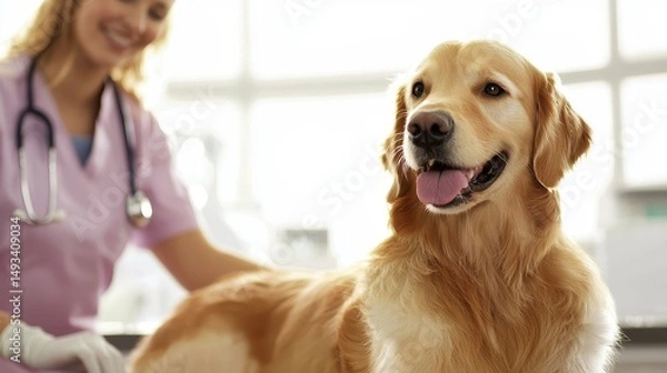 Fototapeta Happy Golden Retriever at Veterinary Clinic with Caring Veterinarian in Background During Check-Up