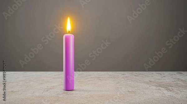 Fototapeta Single Purple Candle with Flickering Flame on Textured Surface Against Neutral Background
