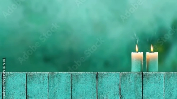 Fototapeta Tranquil Scene with Two Lit Candles on a Weathered Wooden Surface in a Soft Teal Background