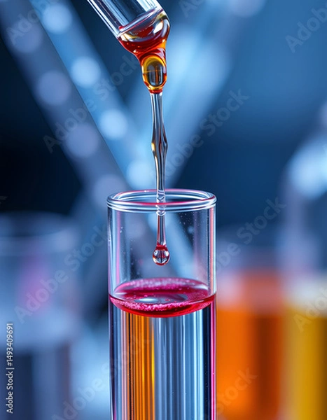 Fototapeta Carefully adding chemical reagent to a liquid sample in a glass test tube, detailed closeup. Scientific research experiment in progress., digital art. with white shades