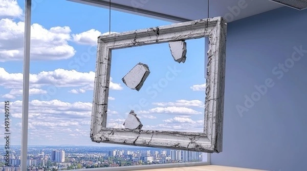 Fototapeta Broken Frame with Blue Sky View in Modern Interior Featuring Serene Urban Landscape Outside