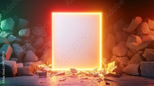 Fototapeta Illuminated Frame Surrounded by Broken Stones and Debris in a Dark Environment for Creative Inspiration