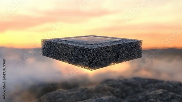 Fototapeta Futuristic Floating Structure Overlooking Dramatic Sunset with Clouds and Mountains in the Background
